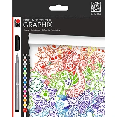 Image of Marabu Fineliner Colour Doodle Supreme Set of 12, Multicoloured, 14.5x13.7x1.5 cm