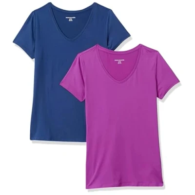 Image of Amazon Essentials Women&#039;s Tech Stretch Short Sleeved V Neck T Shirt (Available in Plus Sizes), Pack of 2, Navy/Orchid Purple, XL