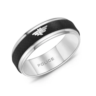 Image of Police Men&#039;s Halo Stainless Steel Wing Logo Black Textured Band Ring 64