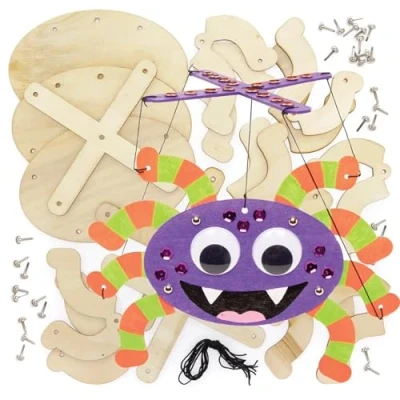 Image of Baker Ross FE690 Spider Wooden Marionette Pack of 3, Make Your Own Puppets, Puppets for Kids, Crafts Kids to Assemble and Decorate