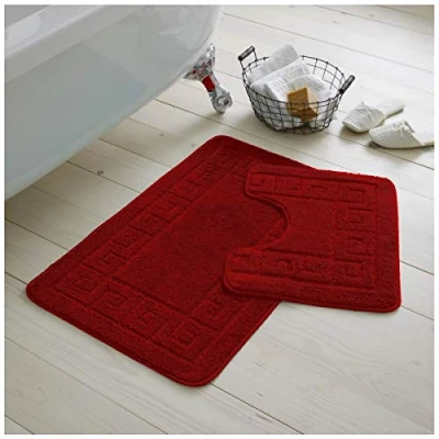 Image of GC GAVENO CAVAILIA Greek Key Pattern Bath Mats 2 Piece Sets Non Slip, Soft Washable Rug Quick Dry Water Absorbent Bathroom Shower Mat &amp; Pedestal Set, Red