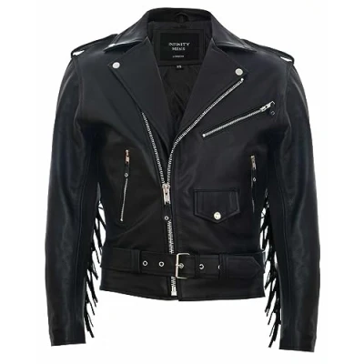 Image of Mens Black FRINGE Leather Biker Jacket Brando TASSELED Motorcycle Retro Cow Hide