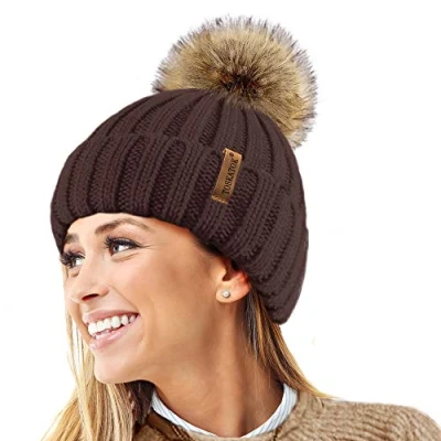 Image of TOSKATOK®Womens Warm Winter Hat Woolly Knitted Beanie with Detachable Chunky Faux Fur Bobble Pom Choc Chocolate