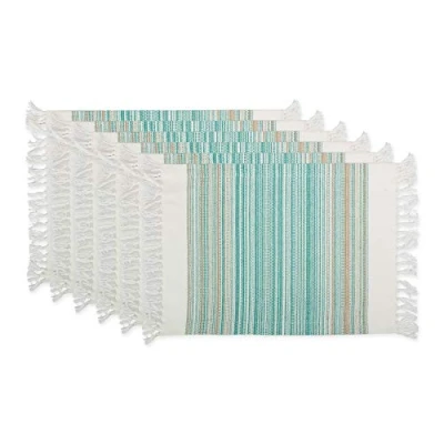 Image of DII Fringed Stripe Tabletop, Cotton, Teal, Placemat Set, 13x20