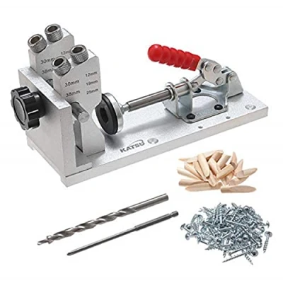 Image of KATSU Pocket Hole Jig Kit, Aluminium Dowel Drill Joinery Set, Portable Woodworking Drilling Guide Positioner Punch Locator Tool 105418