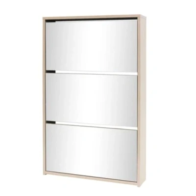Image of vidaXL 3 Layer Mirrored Shoe Cabinet Oak Coloured Engineered Wood Wall Mounted High Capacity Drawers