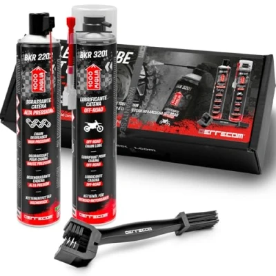 Image of ERRECOM 1000 Miglia Clean&amp;Lube OFF Road Motorcycle Chain Kit; includes High Pressure Degreaser Spray 750ml+Off Lubricant 750ml+Huggie System and 90Connector+Brush+Gloves
