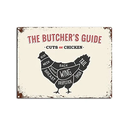 Image of Vintage Butcher Guide Metal Tin Sign Cuts of Chicken Retro Wall Art for Home Kitchen Restaurant Bar Decor 8x12inch