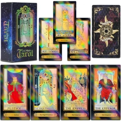 Image of Smoostart 78 Tarot Cards with Guidebook, Holographic Deck Future Telling Game Colorful Box for Beginners and Professional Player