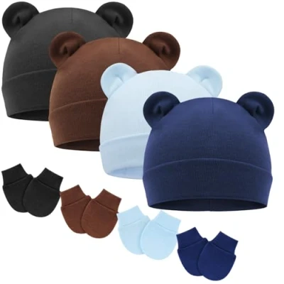 Image of DRESHOW Newborn Baby Beanie Hat and Gloves, Girl Spring Summer Autumn Winter Hats for 0 6 Months Infant Cotton
