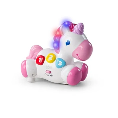 Image of Bright Starts Rock &amp; Glow Unicorn Crawling Baby Toy with Lights and Melodies, Age 6 months +, Pink