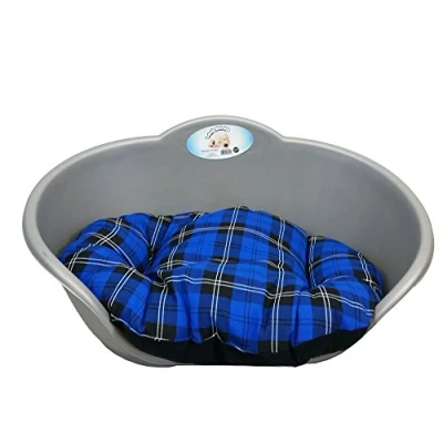 Image of KetoPlastics SILVER SMALL PLASTIC DOG BED WITH BLUE TARTAN CUSHION/HEAVY DUTY PET DOG/CAT/ANIMAL/SLEEP/BASKET MADE IN UK
