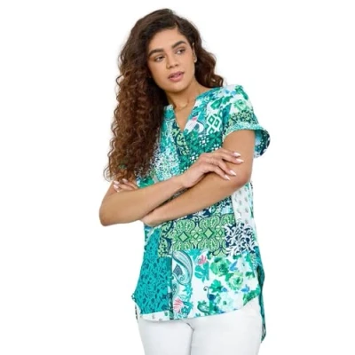 Image of Roman Originals Pleat Front Top for Women UK Ladies Pleated Shirt Notch V Neck Blouse Summer Tunic Spring Pull On Comfy Soft Evening Holiday Vacation Work Party Everyday Green &amp; White Size 10