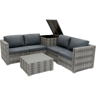 Image of Rattan Garden Furniture Modular 6 Piece Set Grey 4 Seater Sofa Sectional Chairs With Cushions Glass Top Coffee Table 250L Storage Box Washable Covers Outdoor Patio Waterproof Rain Cover