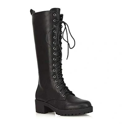 Image of Womens Knee High Boots Ladies Lace Up Chunky Sole Low Heel Casual Biker Combat Size 3 8 Black Synthetic Leather
