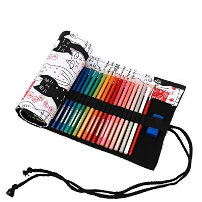 Image of Amoyie Hand Roll Up Pencil Bag for 36 Coloring Pencil, Canvas Organiser Artist Pen Carrier Bag, Wrap Kids, Easy Use (no Included), Beige Cat