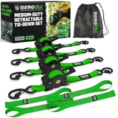 Image of Rhino USA Retractable Ratchet Tie Down Straps (4PK) 540kg Guaranteed Max Break Strength, Includes (4) Ultimate 2.5 cm x 3 m Autoretract Downs with Padded Handles Green