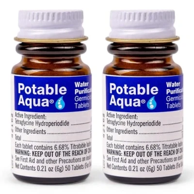 Image of Potable Aqua Water Purification Tablets, Portable and Effective Solution for Camping, Hiking, Emergencies, Natural Disasters International Travel, Two 50ct Bottles, Blue