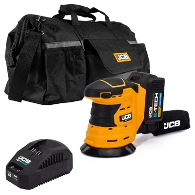 Image of JCB 18V Cordless Orbital Sander, 4.0Ah Battery, Fast Charger, 125mm Diameter Sanding Pad, Hook and Loop Fastening, Rubber Grip Over Mould &amp; Dust Collector, 20&quot; Power Tool Kit Bag, 3 Year Warranty