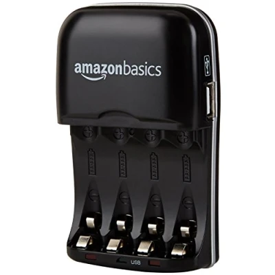 Image of Amazon Basics 4 Slot Ni MH AA &amp; AAA Battery Charger With Indicator LEDs, USB Port, Black