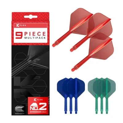 Image of TARGET Darts K Flex Integrated Dart Flights and Shafts, Intermediate Stem (26mm), No.2 Flight, 9 pack Bundle, Red, Blue &amp; Green