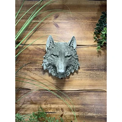 Image of J and L STONE Ornaments GARDEN SMALL NATURAL DETAILED WOLF HEAD WALL HANGING PLAQUE ORNAMENT