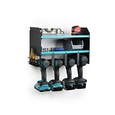 Image of MegaMaxx Power Tool and Drill Storage Unit Charging Station for 4 Tools 2 Shelf Wall Mount Toolbox Accessories Rack Cabinet Workshop, Garage, Shed, Van, Driver…