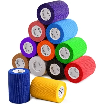 Image of Inksafe Assorted Colours Self Adherent Cohesive Bandages 7.5cm x 4.5m Box of 12 Uses Include Vet Wrap, Tape for Human Wrist and Ankle Sprains Sports Injuries