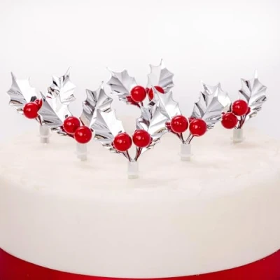 Image of Christmas Cake topper silver gold green red holly sprays Decorations yule log cupcake toppers pack of 6 (Silver)