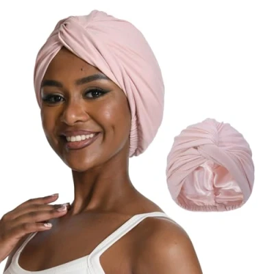 Image of Hat Hut Satin Turban for Women Silk Bonnet Sleep Cap Curly Hair Sleeping Adjustable Head Wrap Twisted (Pink)