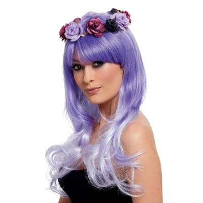 Image of Smiffys Deluxe Day of The Dead Glam Wig, Purple with Flowers, Mexican Dead/Sugar Fancy Dress, Halloween Dress Up Wigs