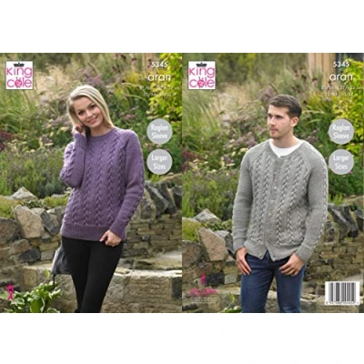 Image of King Cole 5345 Knitting Pattern Mens Womens Sweater Cardigan in Fashion Aran