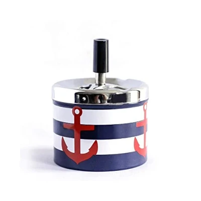 Image of Spinning Ashtray with Lid Push Down Stainless Steel Ash Tray for Indoor or Outdoor Use Navy Style Blue