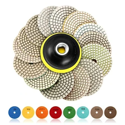 Image of SPTA 15pcs Diamond Wet Polishing Pads polisher wheel disc, 4 inch For Granite Stone Concrete Marble Floor Grinder or Polisher, 50# 6000# Hook &amp; Loop Backing Holder Disc Polisher&amp;Grinder
