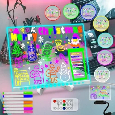 Image of Fanrui Acrylic Dry Erase Board with 7 Colors Light, Multi Colour 11.8 X 7.9 Stand can Remote Control,Glow Desktop Clear Memo Note LED Letter Message Glass White Kids Gifts
