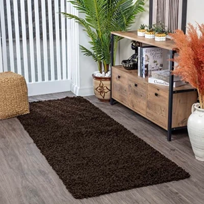 Image of Livabliss Home Shaggy Rug Modern Runner Rugs Living Room, Hallway 80x220 cm, Soft for Bedroom Neutral Boho Fluffy Rug, Easy Care Plush Thick Pile Brown