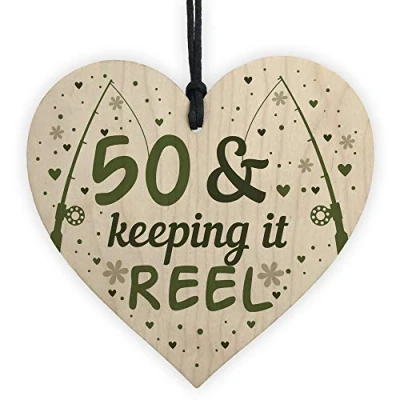 Image of RED OCEAN Funny 50th Birthday Fishing Gifts Wooden Heart Gift For Him Fisherman Dad Uncle Brother