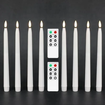 Image of Fanna 8 Flameless Taper Candles with Timer, Battery Operated Led Candle Sticks Real Wax Finished, 2 Remotes and Batteries Included H 28cm (White)