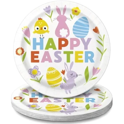 Image of Unique 24135 Paper Plates 23 cm Colourful Gingham Easter Party Pack of 8, Multicolour