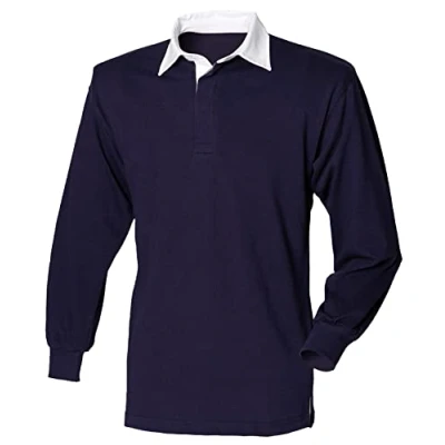 Image of COOZO Mens Long Sleeve Plain Rugby Shirt Navy/White 3XL