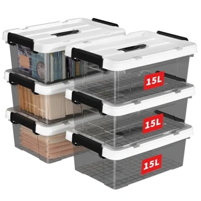 Image of Cetomo 15L*6 Storage Boxes, Carry Plastic Box with Lids, Organizing Container Handle and Secure Latching Buckles, Stackable, Nestable, Tote Bin for Home Clothes, 15L 6Pack, Clear Black