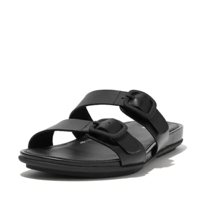 Image of Fitflop Women&#039;s Gracie Rubber Buckle Two BAR Leather Slides Flat Sandal, All Black, 6 UK