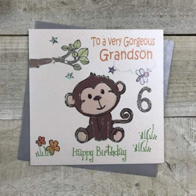 Image of WHITE COTTON CARDS Cheeky Monkey, To A Very Gorgeous Grandson 6 Happy Handmade 6th Birthday Card, White, GL224