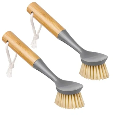 Image of 2Pcs Dish Brush with Bamboo Handle Built in Scraper, Scrubber Long Wooden Handle, Scrubbing for Pans, Pots, Kitchen Sink Cleaning