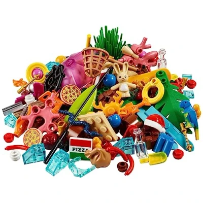 Image of LEGO 40607 6+ 120 Pieces Summer Fun VIP Add On Pack Cool Polybag With Random Bricks and Including Pizzas, Fish, Santa Hat, Surfboard, Snakes an Umbrella