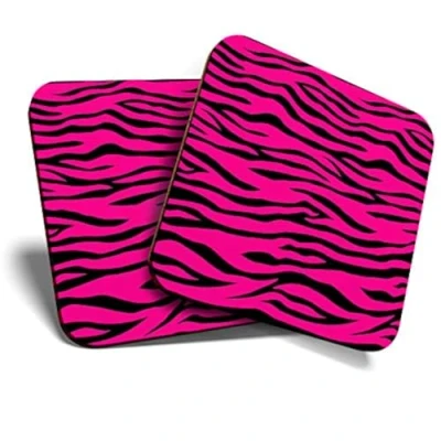 Image of Great Coasters (Set of 2) Square/Glossy Quality Coasters/Tabletop Protection for Any Table Type Cute Pink Zebra Stripes Animals Zoo #8470
