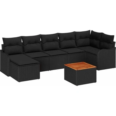 Image of vidaXL 8 Piece Garden Sofa Set with Cushions Black Poly Rattan Acacia