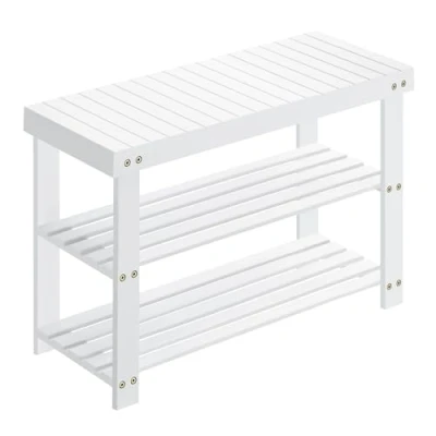 Image of SONGMICS Rack, 3 Tier Bamboo Shoe Storage Organizer, Bench, Holds Up to 286 lb, 11.3 x 27.6 17.8 Inches, for Entryway Bathroom Bedroom, White LBS004W01, 28.7 70.1 45.3 cm