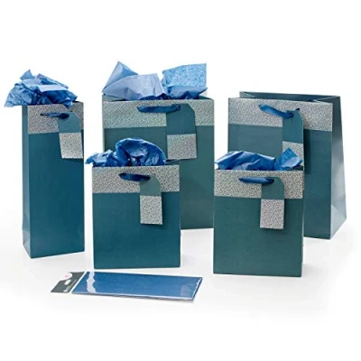 Image of UK Greetings 5 Gift Bags &amp; Tissue Multipack For Him/Friend Birthdays, Thank You, Congratulations or Other Gifts Blue Design