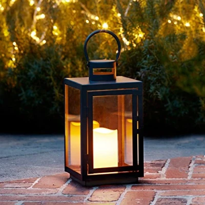 Image of Lights4fun Large Black Metal Decorative Candle Lantern LED Battery Operated with Timer Indoor Outdoor Use 30cm